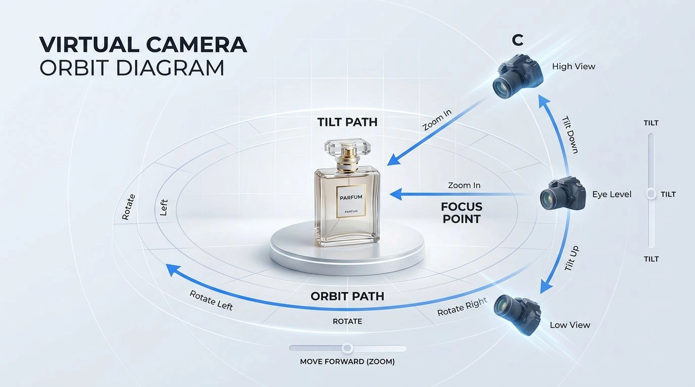 The virtual camera controls — rotate, move forward, and tilt — orbiting a product