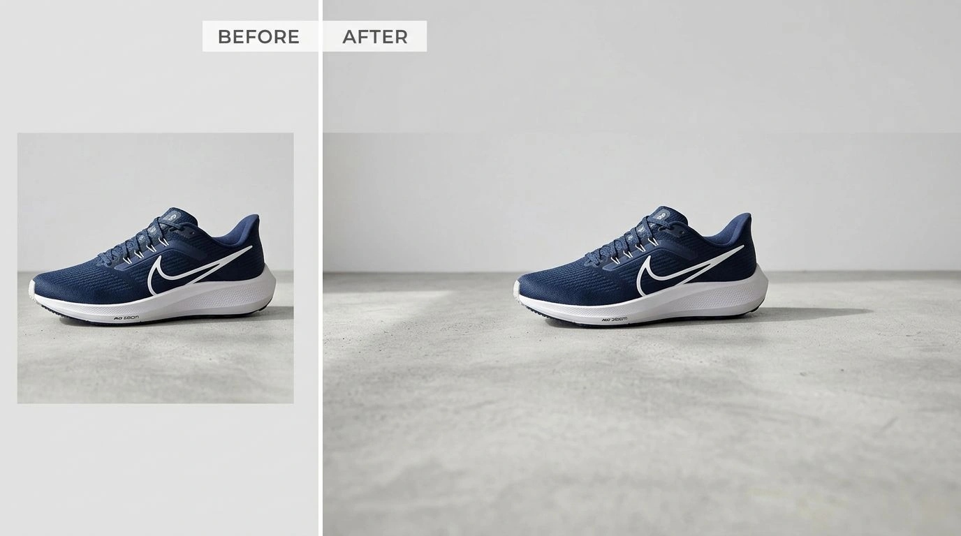 Before and after: a tightly cropped product photo expanded into a wide banner with AI-generated matching background
