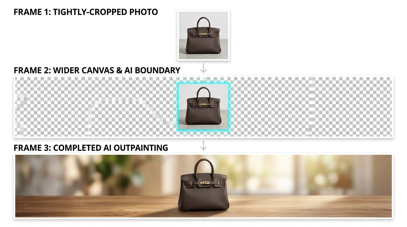 Step by step: the original crop, the expanded canvas with the AI selection area, and the finished outpainted result