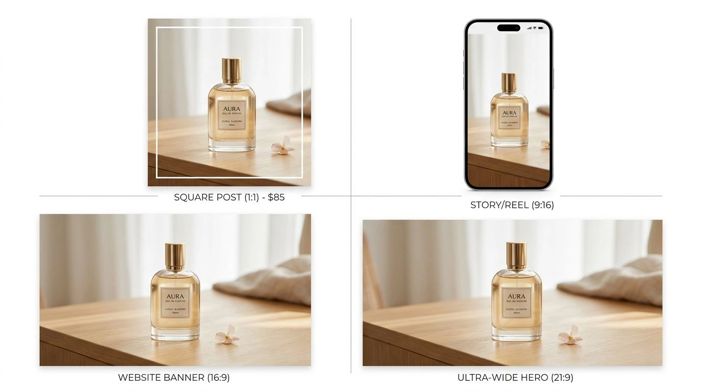 One product photo reframed into square, vertical, wide, and ultra-wide formats for every channel