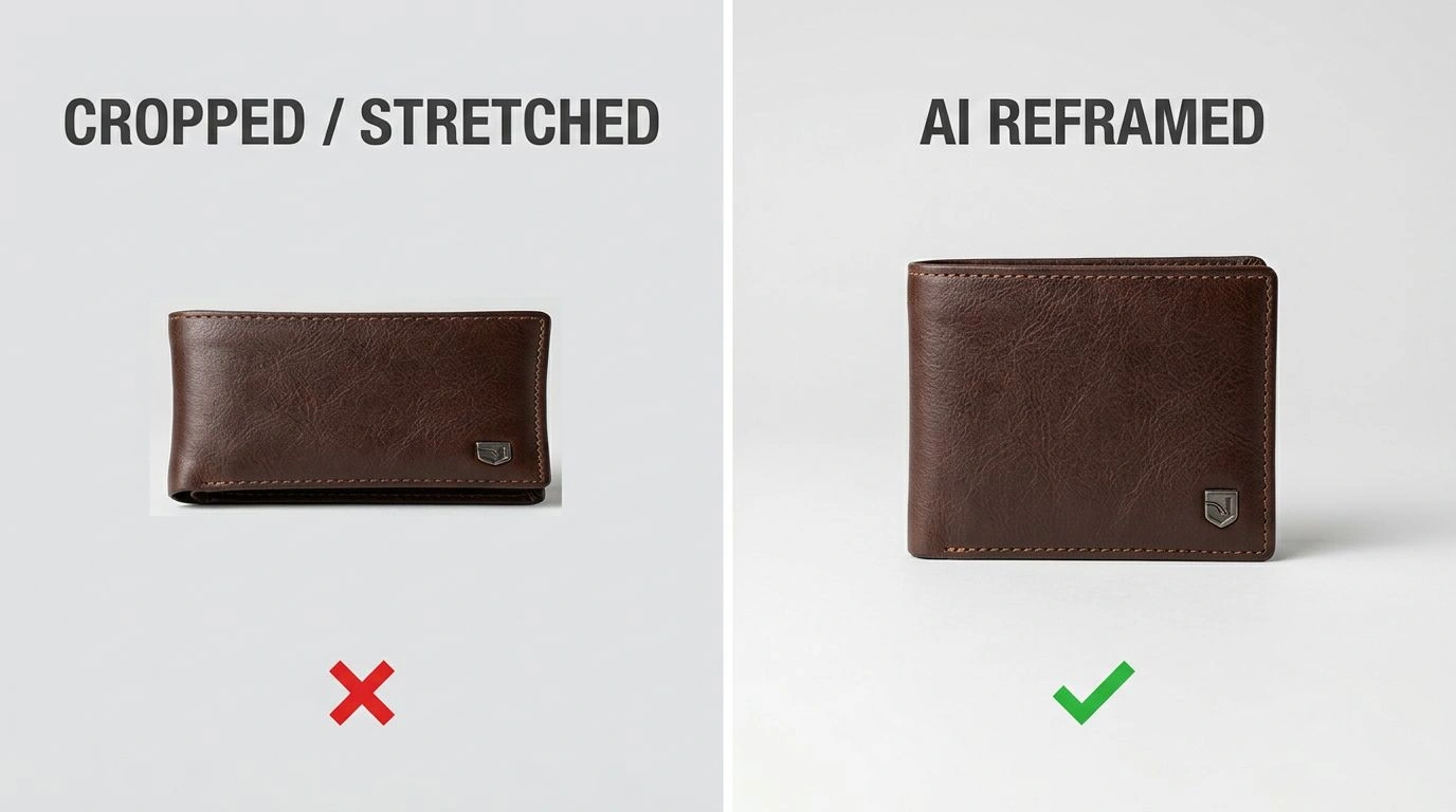 Cropped and stretched versus AI-reframed: the same product forced into a wide banner two ways