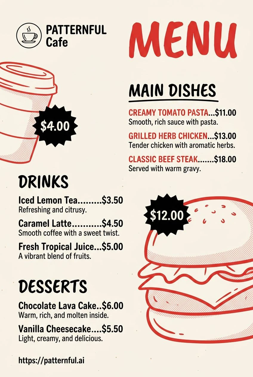 Menu made in the Marketing Studio