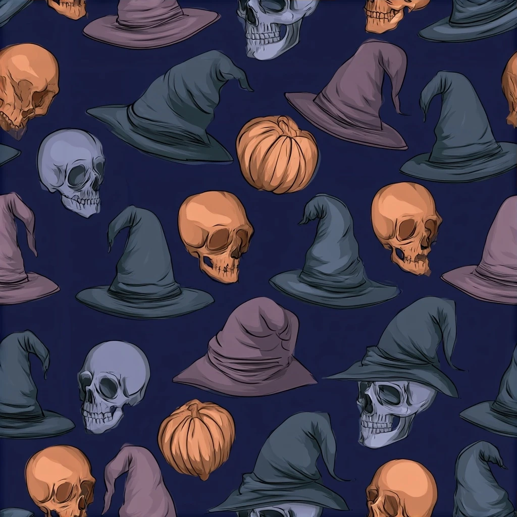 Spooky Witch Hat Skull Seamless Pattern